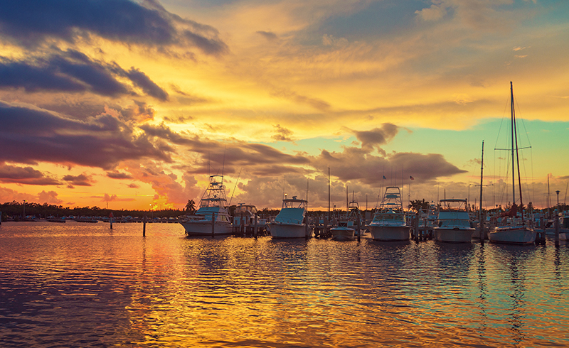 photo of still yachts and sunset